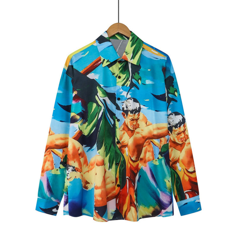 Retro Digital Print Beach Mens Casual Shirt