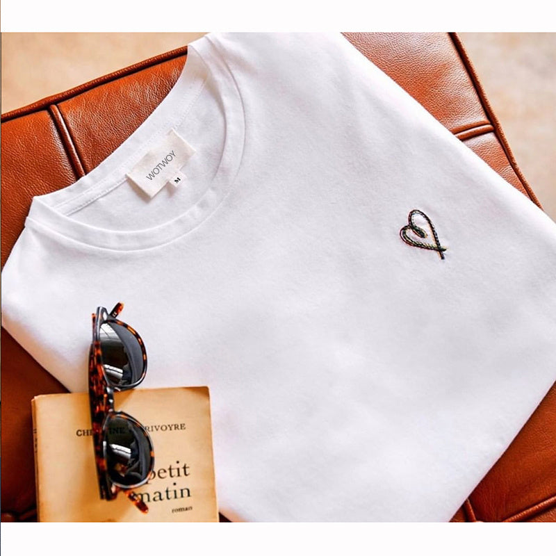 WOTWOY Funny Heart Embroidery Tshirts Women Summer Solid Cotton T-shirt Women Casual Knitted Tops Femme Black White Tees