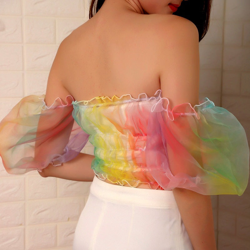 Rainbow puff sleeve T-shirt women