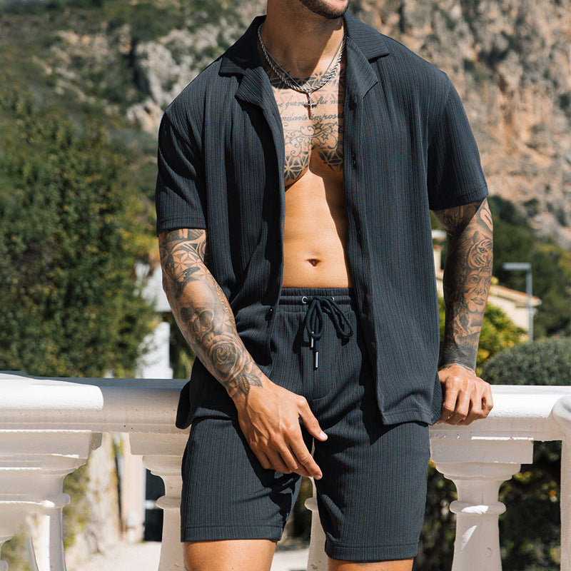 Fashion Mens Clothing Men's Solid Color Casual Lapel Short Sleeve Shirt Shorts Suit