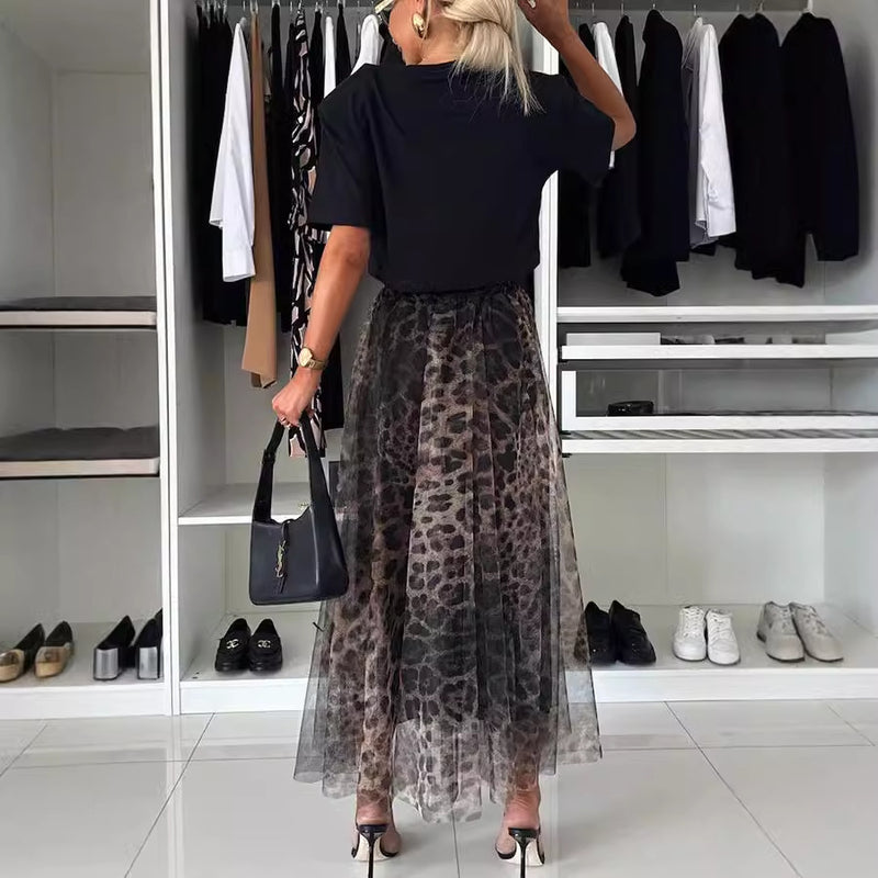 Leopard Print Elastic Waist Big Swing Chiffon Skirt