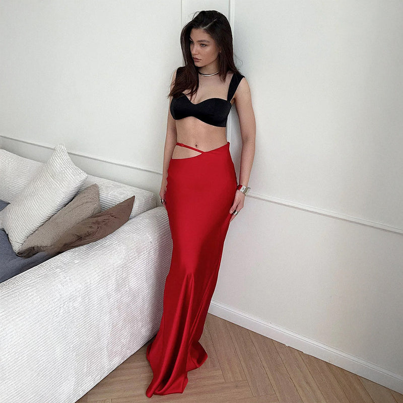 Solid Color Hollow-out Bodycon Maxi Skirt