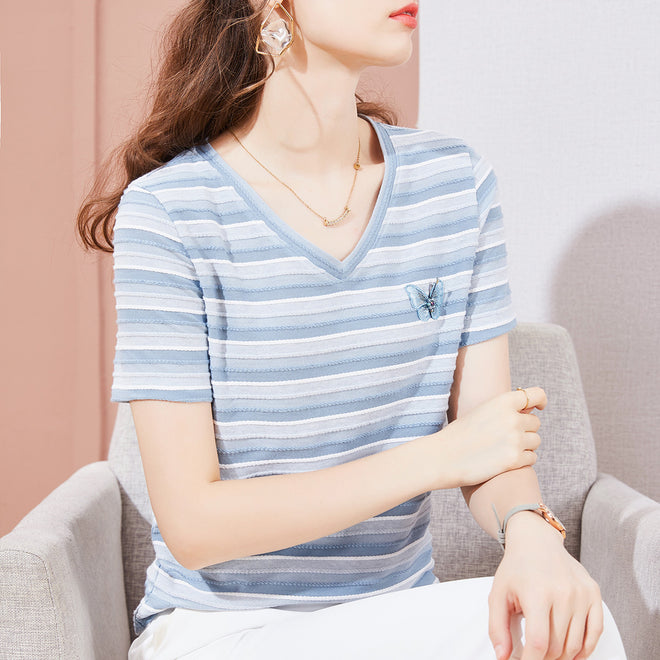 Striped T-shirt Round Neck Butterfly Embroidered Short Sleeve T-Shirt Women Women