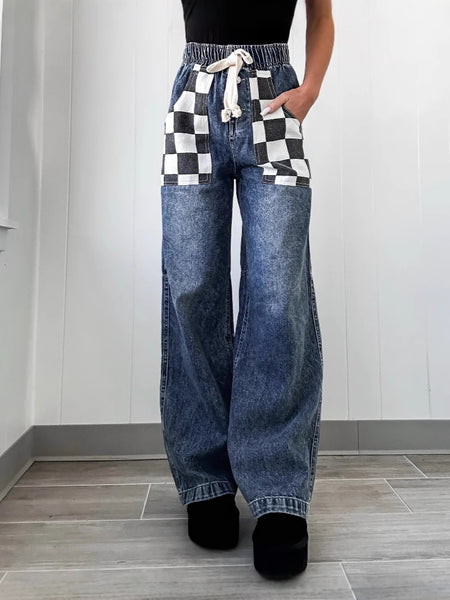 Loose Plaid Contrast Color Women's Denim Trousers