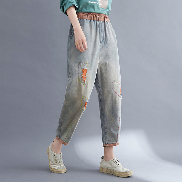 Contrasting Hole Denim Harem Pants Women