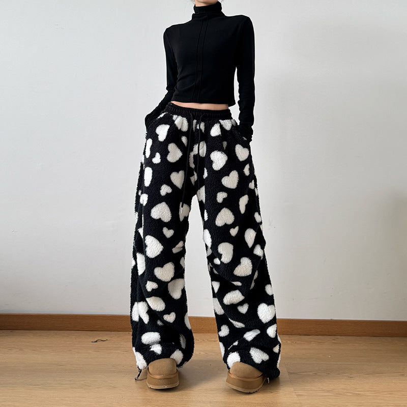 Loose Lamb Wool Polka Dot Female Casual Jogger Pants