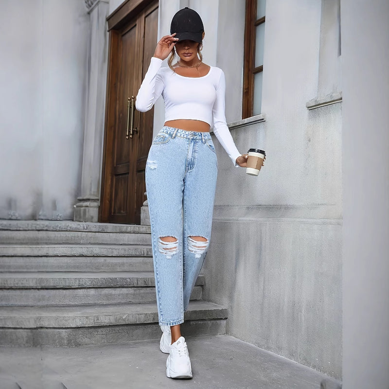 Women's Casual Loose Straight Ripped Denim Trousers