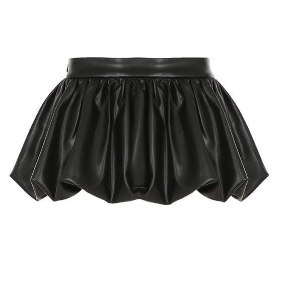 Dark Sexy Glossy Leather High Waist Bubble Bud Leather Skirt Street Pleated