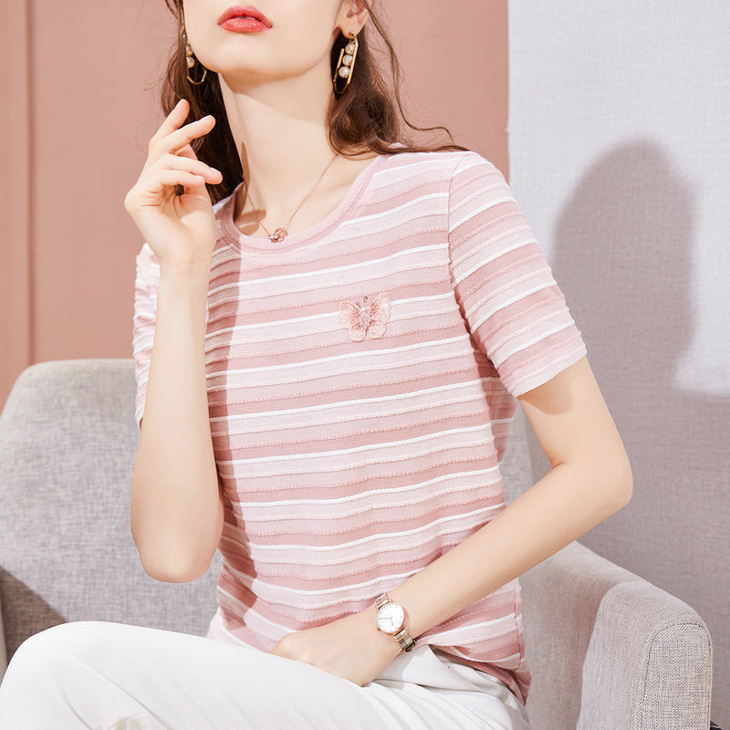 Striped T-shirt Round Neck Butterfly Embroidered Short Sleeve T-Shirt Women Women