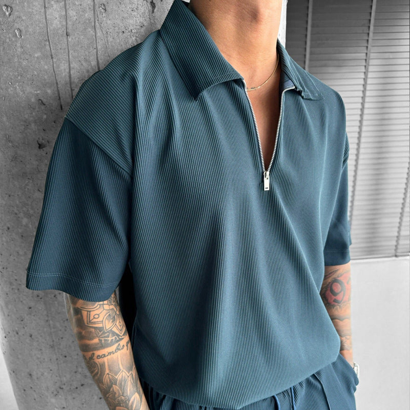 Fashion Mens Clothing Men's Zipper Polo Casual Short-sleeved Shorts Suit