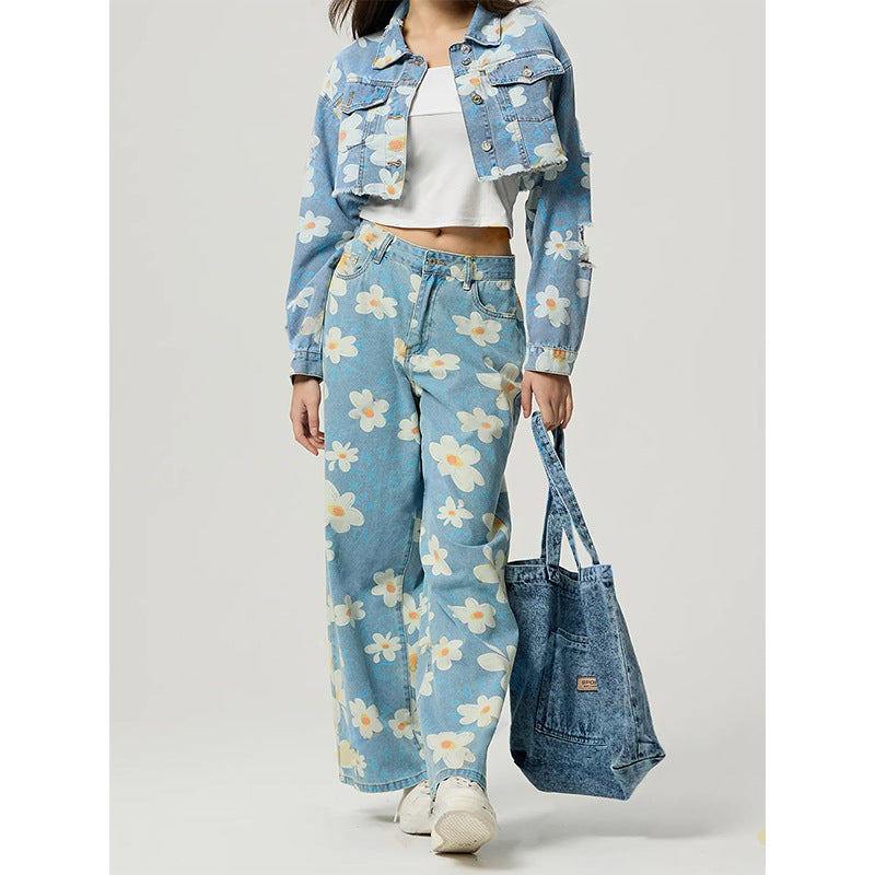 Vintage Flower Print Straight Jeans