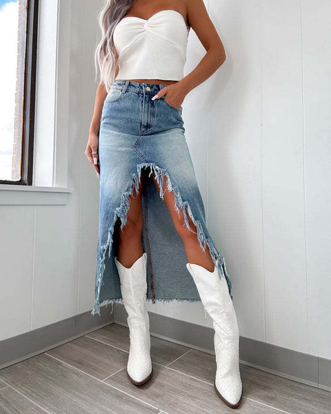 Denim High Waist Irregular Raw Hem Worn Looking Washed-out Skirt