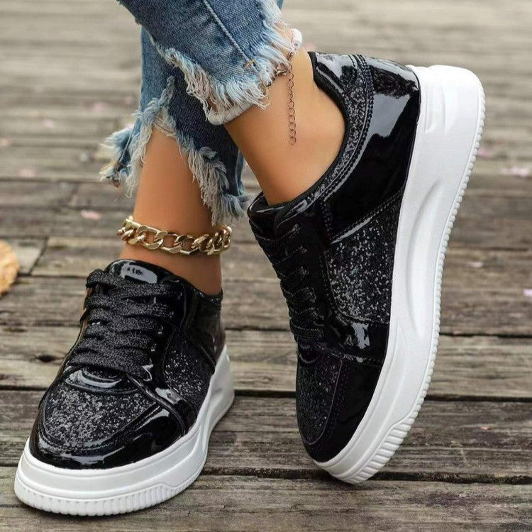 Fashion Lace-up Flat Shoes With Sequin Design Casual Sports Thick Bottom Round Toe Shoes For Women Non-slip Walking Sneakers