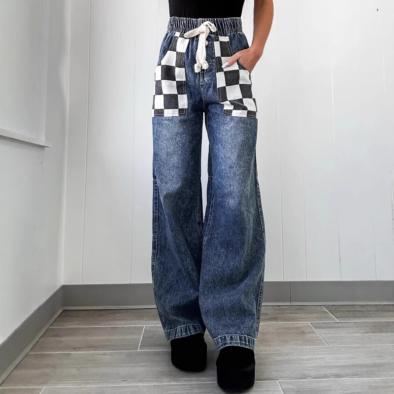 Loose Plaid Contrast Color Women's Denim Trousers